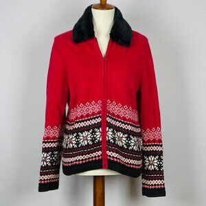 Croft & Barrow Fair Isle Zip Cardigan Sz M Faux Fur Collar Preppy Ski Cozy